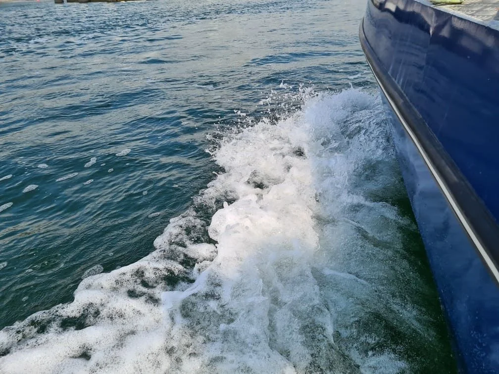 Boat hull showing algae and marine growth buildup along waterline in Jacksonville waters.