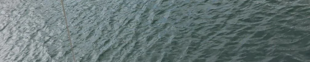 Mooring line secured to water surface during boat service inspection.