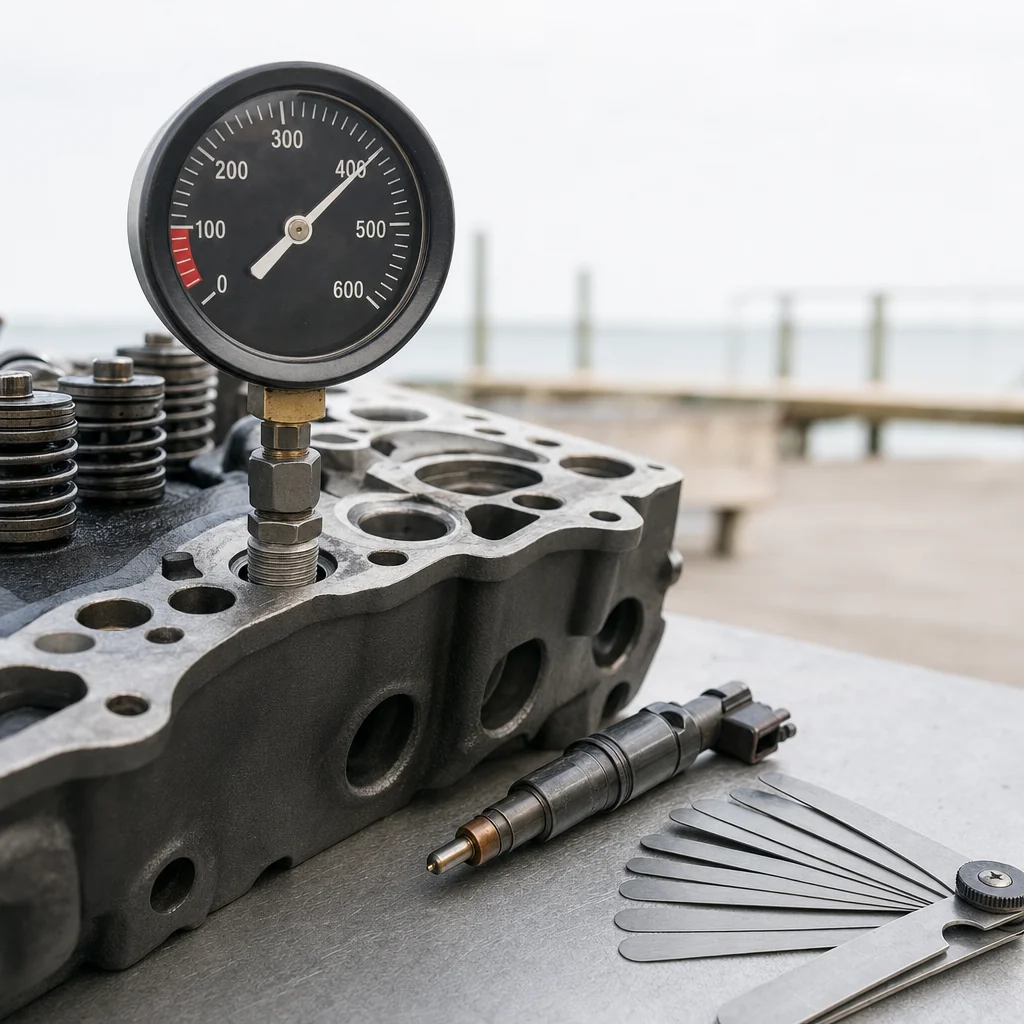 Diesel engine cylinder head with pressure gauge and injector components during marine diagnostic testing.