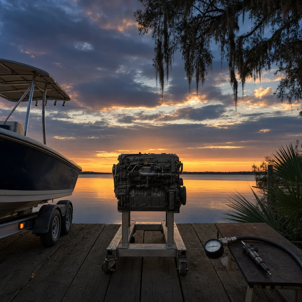 Marine diesel engine on service stand at Jacksonville waterfront dock at sunset, with boat and diagnostic tools nearby.