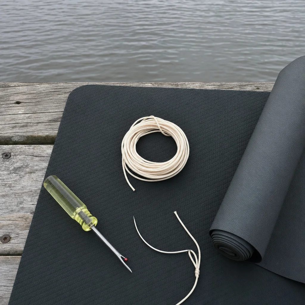 Marine electrical wiring and cable components laid on boat upholstery material dockside.