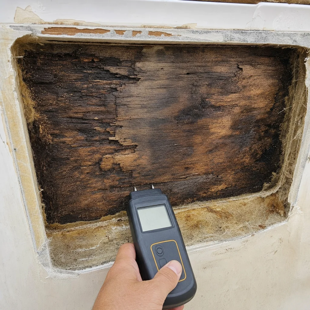 Moisture meter reading wood rot damage inside boat cabin wall cavity.