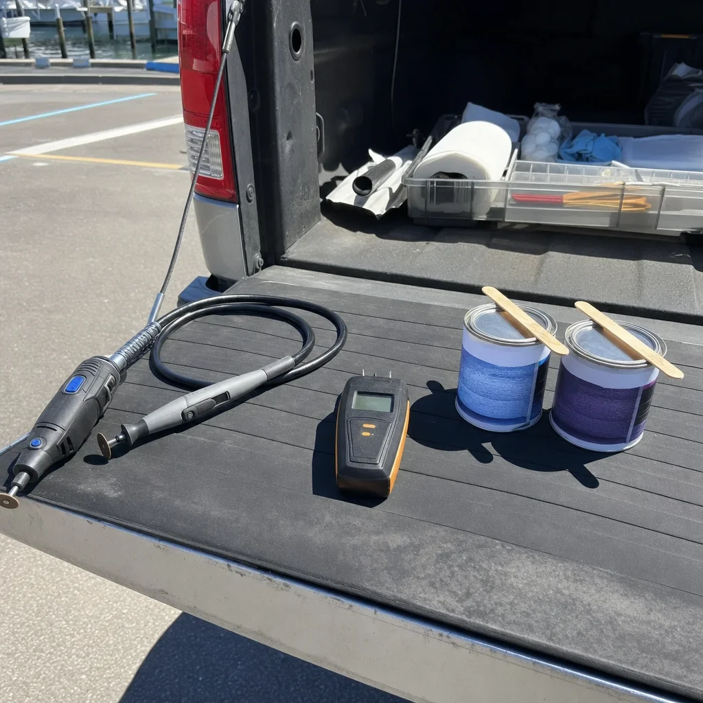 Marine diagnostic equipment and fiberglass repair supplies arranged on boat bed in Jacksonville service truck.