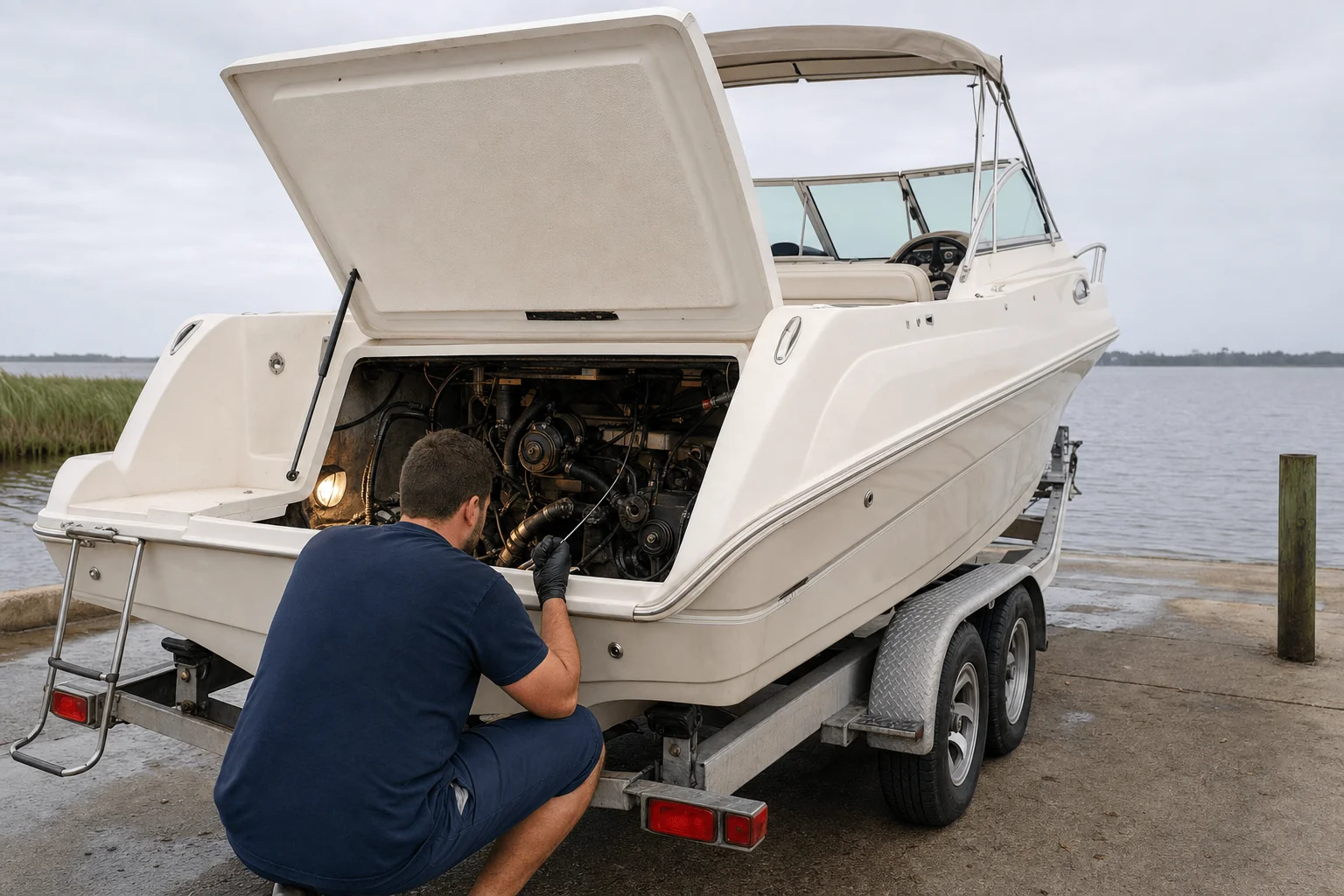 Mechanic inspecting inboard engine of fiberglass boat on trailer at Jacksonville waterfront dock.