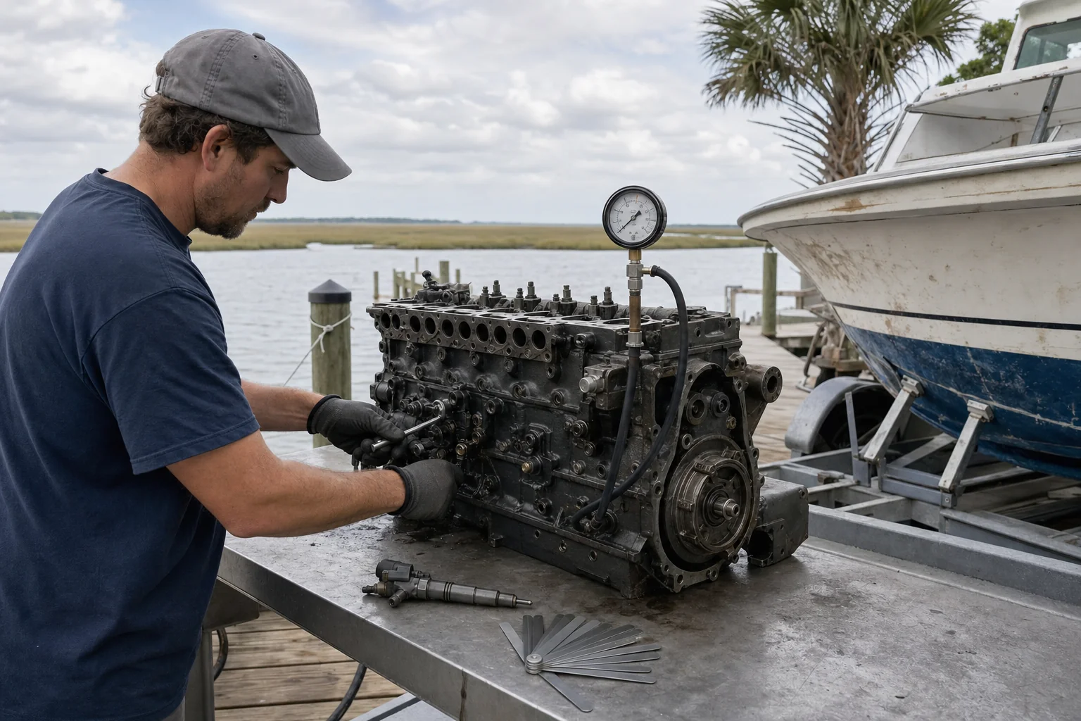Marine mechanic inspects disassembled inboard engine block at Jacksonville waterfront dock.