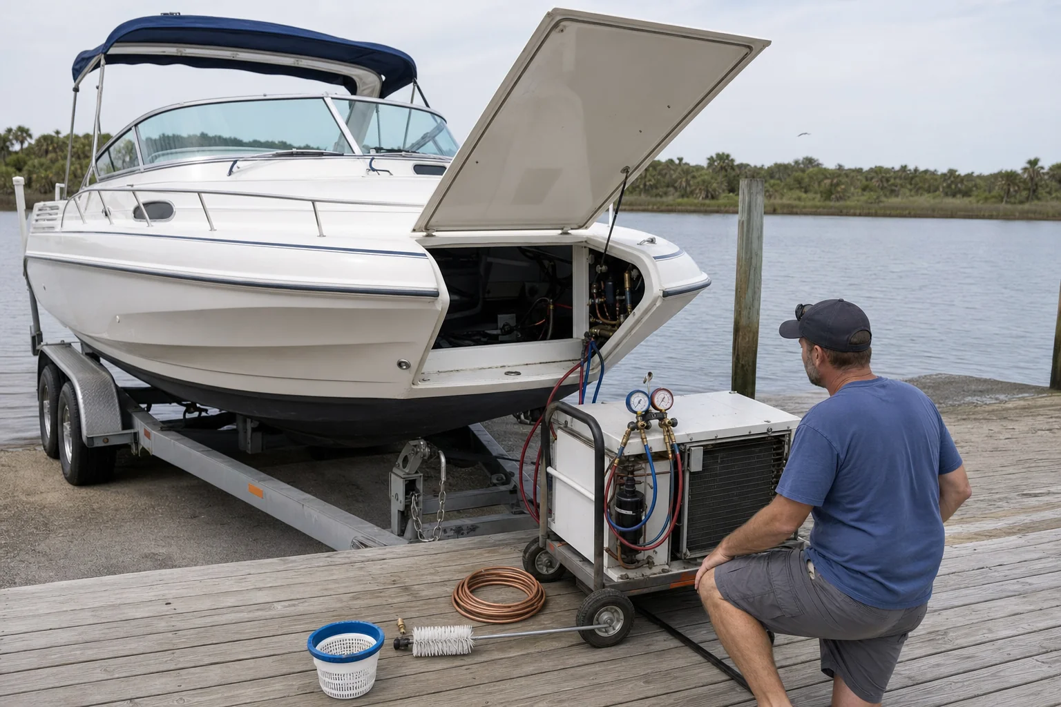 Marine AC unit servicing on dock with boat on trailer in Jacksonville waterway background.