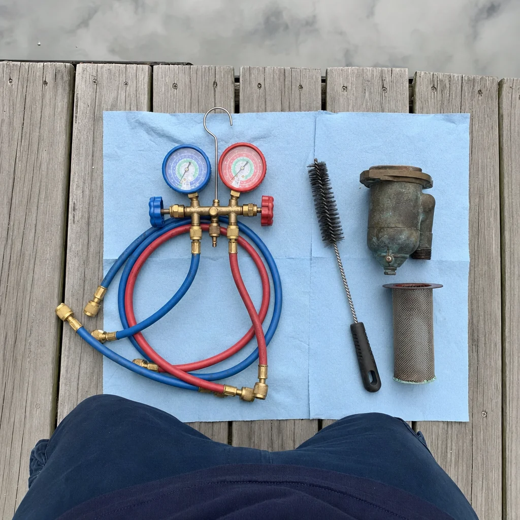 Marine diagnostic manifold with pressure gauges and service tools laid on dock.