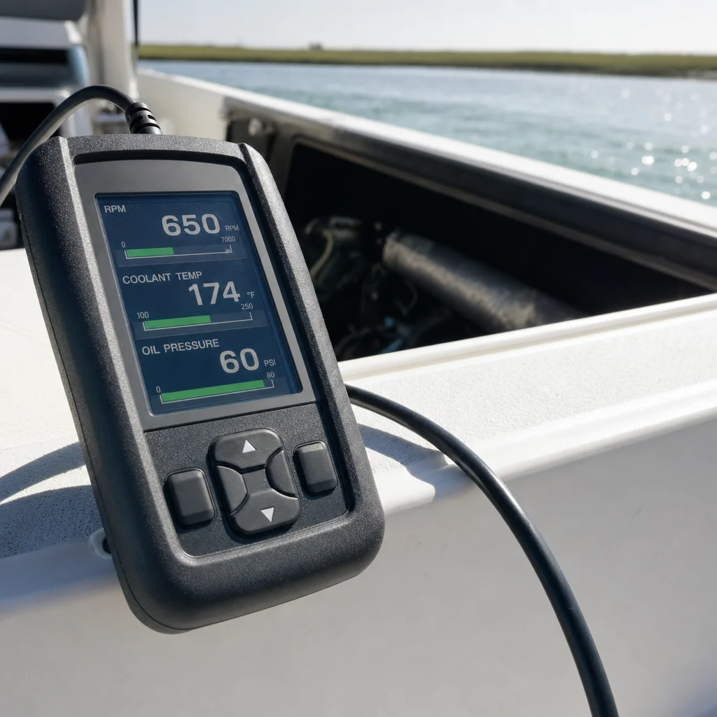 Marine diagnostic scanner displaying engine RPM, coolant temperature, and oil pressure readings on boat.