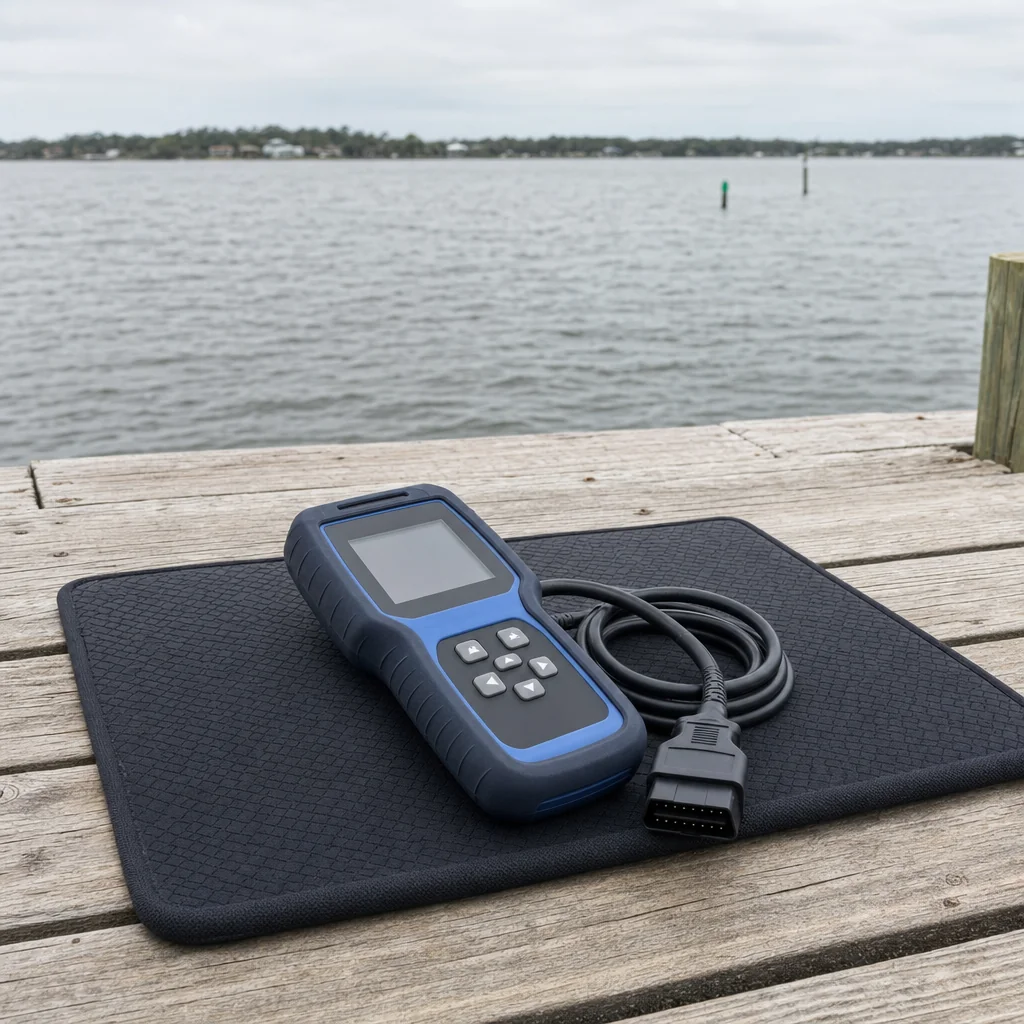 Marine diagnostic scanner with OBD cable on weathered dock overlooking Jacksonville waterway.
