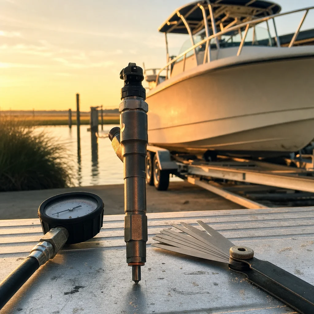 Marine diagnostic tools and pressure gauge on dock at sunset with boat on trailer behind.