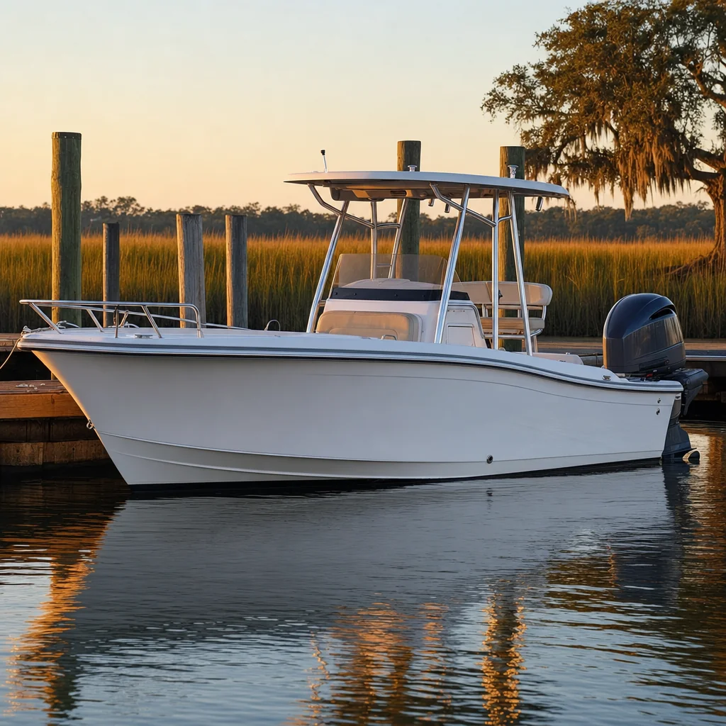 White fiberglass motorboat with outboard engine moored at Jacksonville dock at golden hour.