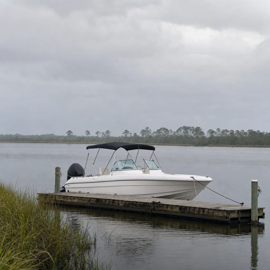 White fiberglass motorboat with black outboard engine moored at weathered dock in Jacksonville marshland.