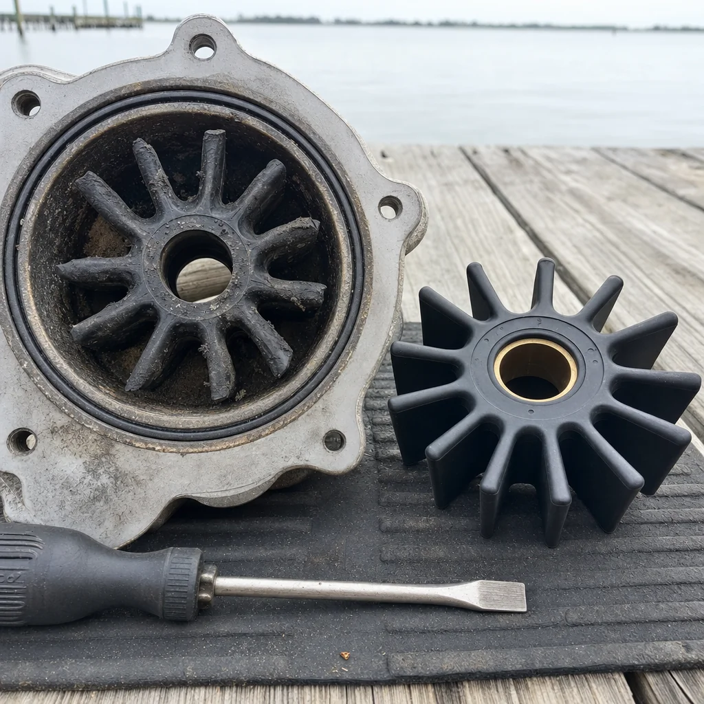 Worn impeller housing and replacement impeller with screwdriver on weathered dock overlooking Jacksonville waterway.
