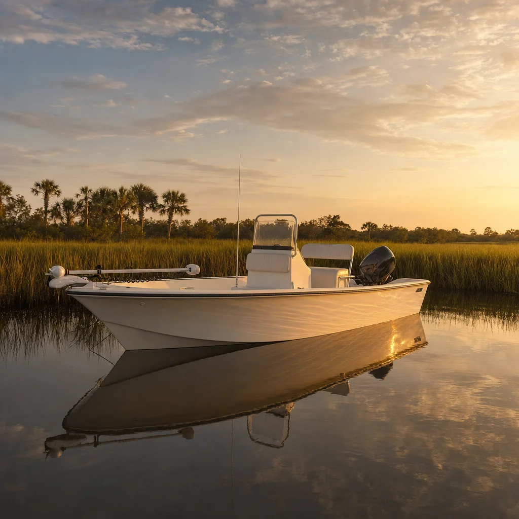 White fiberglass motorboat with outboard engine anchored in shallow Jacksonville marsh at golden hour.