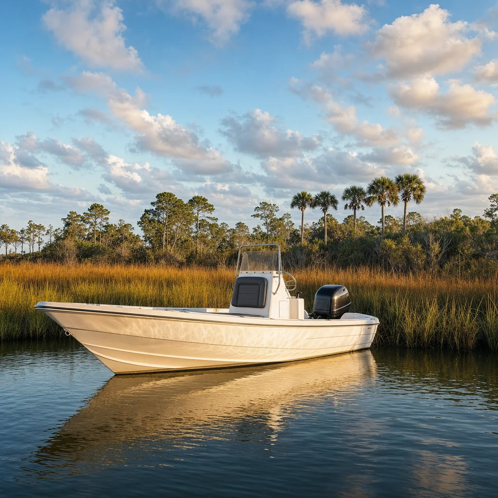 Fiberglass motorboat with outboard engine anchored in shallow Jacksonville marsh waters surrounded by cordgrass and palmettos.