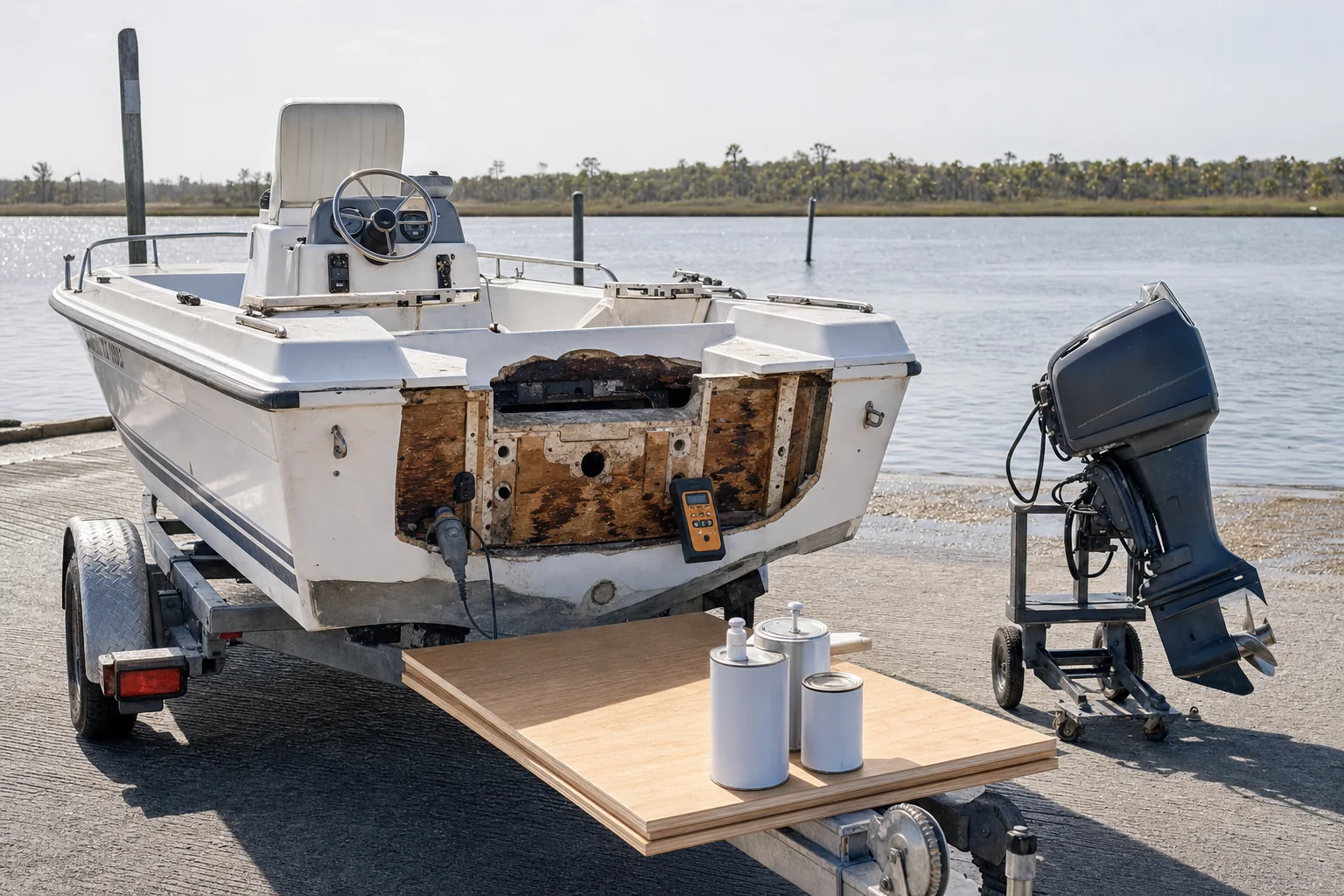 Fiberglass boat hull with rust-stained transom undergoing repair, diagnostic meter visible, outboard engine on trailer nearby.