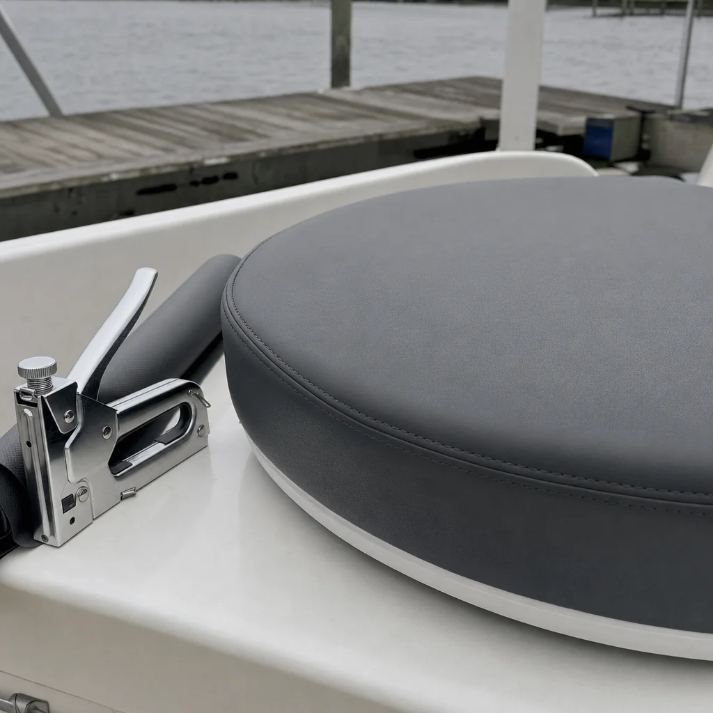 Gray upholstered boat seat with chrome hardware detail at dockside in Jacksonville.