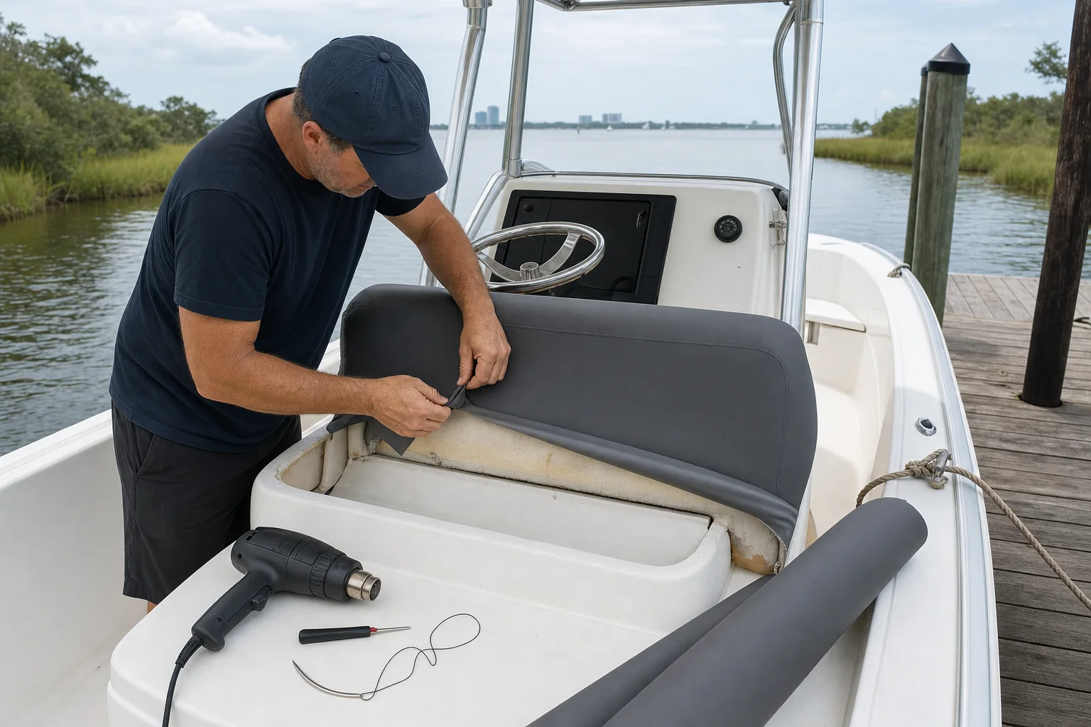 Technician inspects boat upholstery cushion dockside with diagnostic tools visible in Jacksonville waterway setting.